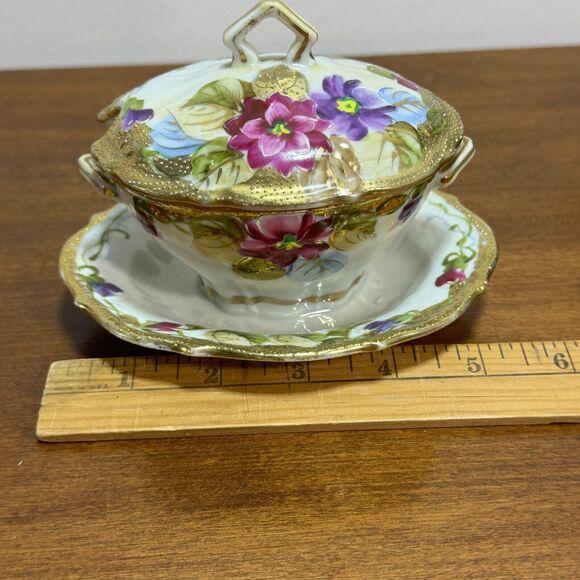 Antique Mikado Japan Condiment Server Vintage Hand Painted with Lid Floral Gold - Picture 12 of 12